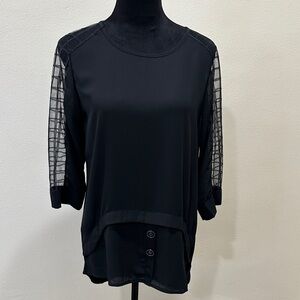 Chic Black Tunic Length Blouse with 3/4 Sheer Sleeves